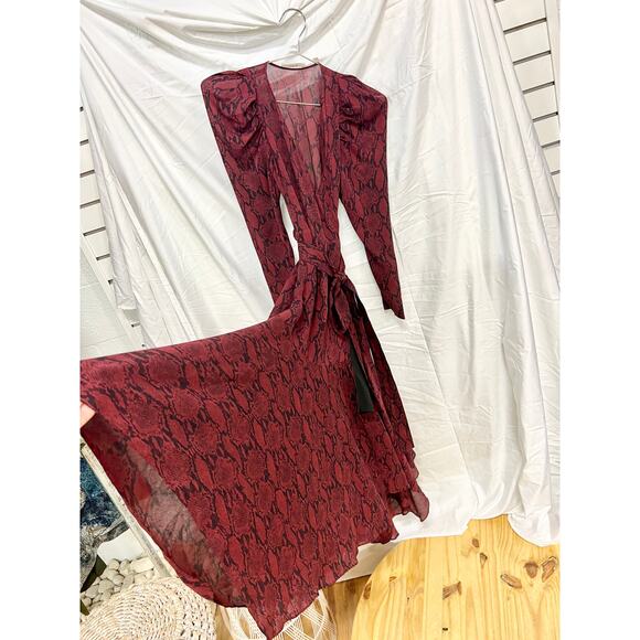 A.L.C. Tianna Snake-Print Long-Sleeve Wrap Midi Dress Burgundy Women's Size 0 - Picture 6 of 8
